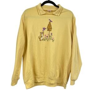 Vintage Yellow Grandma Core Kitty Cat Birdhouse Embroidered Collared Sweater XL